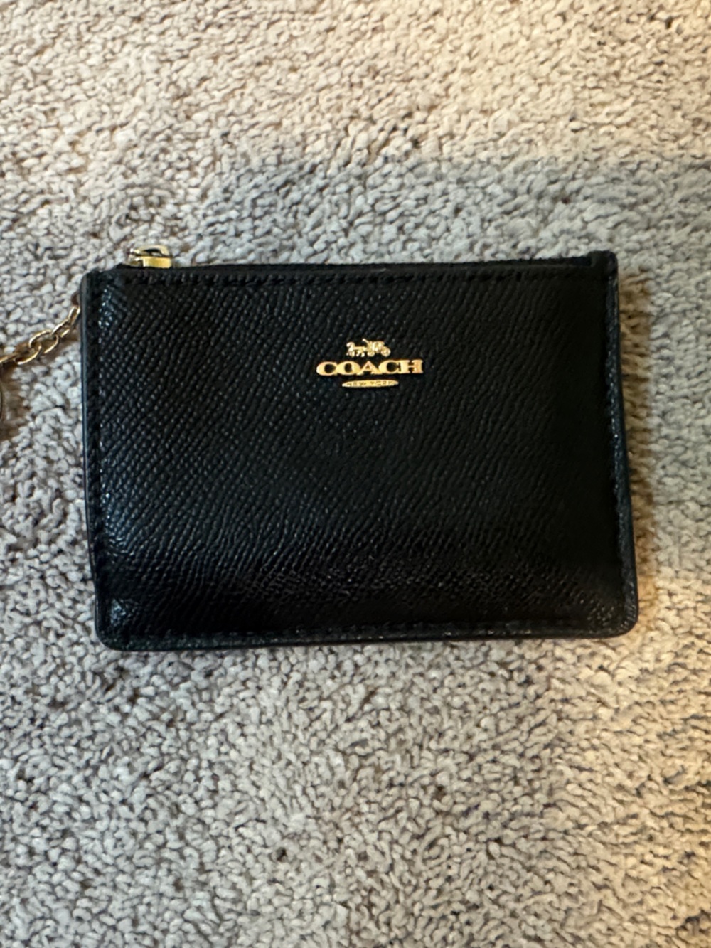 Coach Black Leather Zip Card Case with Gold Keyring